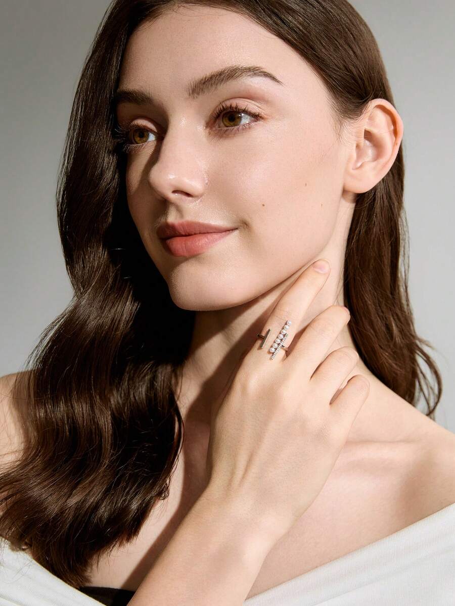 1件春季/独家设计，高端仿珍珠女士精致铜质微镶嵌锆石开口戒指，适合节日/派对/商务/校园/日常佩戴，欧洲/圣诞节冬季圣诞礼物 - 銀色 - 查看 1