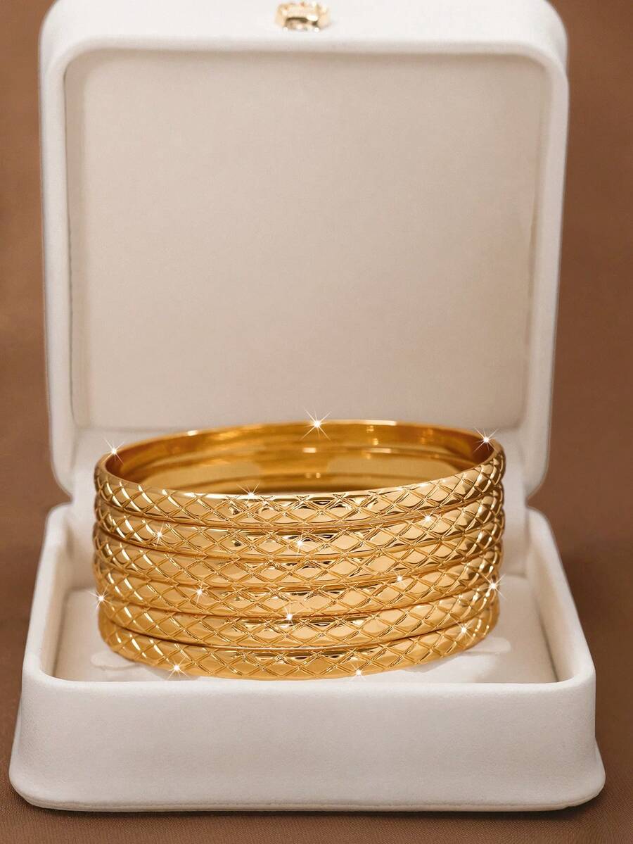 1/3/6 piezas Brazalete con textura de diamante exquisita, chapado en oro de 24K, opciones de diámetro de 60mm/65mm/70mm, adecuado para uso diario de mujeres, sin empaque - Dorado - Ver 1