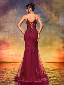 Sexy Embroidery Flower Dress With Sequined Beaded Evening Gown With Fish-Tail Hem & Back Up For Formal Occasion, Elegant Prom Evening Gown, For Wedding Guest, Graduation, Dinner,Party Dress - 酒紅色 - 查看 2