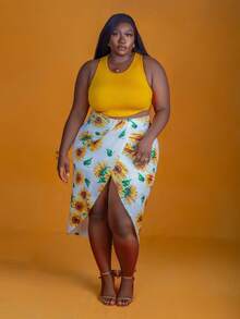 CurvyTilda Tildaharris Plus Size Vacation Style Two Pieces Set: Cropped Tank Top With Sunflower Print, High Slit Fitted Skirts With Pleated Ruffle Hem For Summer,Holiday Outfits Boho, For Hourglass Body Shape - Yellow - View 4