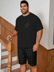 2pcs/Set Men's Plus Size Casual Loose Plaid Short Sleeve T-Shirt And Shorts Pajama Set, Spring/Summer