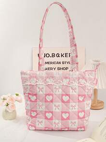 1 件大容量购物手提袋，带蕾丝装饰，可爱花朵和蝴蝶结图案单肩包，时尚绗缝设计手提包，轻便拉链手提包，女士旅行单肩包，带内袋，时尚双手柄钱包，适合购物、旅行、通勤、办公室、外出和学校，休闲购物袋，女童书包单肩包