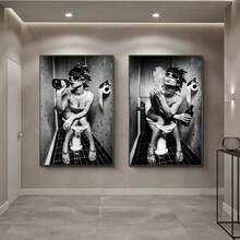 1pc / 3pcs Wall Arts Posters Khung tùy chọn Người phụ nữ gợi cảm hiện đại ngồi trên bồn cầu hút thuốc Poster đen trắng Tranh tường nghệ thuật gia đình Tranh tường trang trí phòng tắm Tranh - Nhiều màu - Xem 3