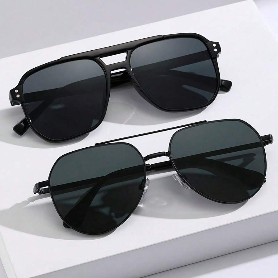 2 Pairs Men's Geometric Double-Bridge Colorful Lens Fashion Glasses, Retro Style, PC Polycarbonate Frame And Lenses, Suitable For Music Festivals And Street Fashion Occasions - Black-2pcs - View 1