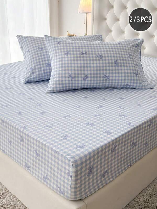 2/3pcs 100% Polyester Plaid + Bow Bedding Set (1 Bedsheet + 1/2 Pillowcase)