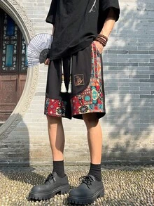 男士刺绣图案短裤，带口袋，夏季休闲抽绳短裤，尺码略偏小，适合夏季户外和海滩休闲穿着，是馈赠佳品。 - 黑色 - 查看 2