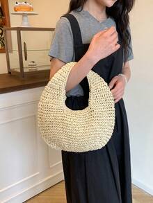 Fashionable Minimalist Handmade Woven Straw One Shoulder Tote Beach Bag For Women