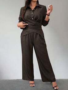 Women Plus Size Long Sleeve Layered Texture Linen Look Shirt And Pants Set - Brown - View 2