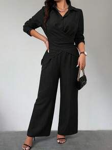 Set de 2 piezas de talla grande para mujer de camisa de manga larga con textura de lino y pantalones - Negro - Ver 4