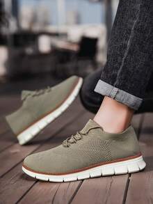 Men's Casual Sports Shoes, Simple Solid Color, Soft Sole, Mesh Breathable, Anti-Sweat, Extra Wide And Thick, Comfortable Lace-Up Socks Shoes, Outdoor Sport, Lightweight Casual Shoes, Plus Size 47, Loose Design, Spacious Toe Box, Absorbent, Comfortable Leisure Sports Sneakers - Khaki - View 4