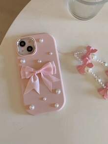 Pink 1pc Faux Pearl Bow Faux Pearl Lanyard Soft Phone Case Compatible With Apple 17/17 Air/17 Pro/17 Pro Max/16/16 Pro/16 Plus/16 Pro Max 16/16 Pro/16 Pro MAX/16E/15/15 Pro Max/15 Pro/14/13/12/XR/11, Fashionable Anti-Drop Protective Cover For Women - Pink - View 3