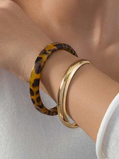 2pcs Fashion Leopard Print Acrylic Bangle Bracelets For Women, Vintage Chic Style For Party And Daily Wear (Small Metal Bangle Joint Traces Are A Normal Phenomenon)