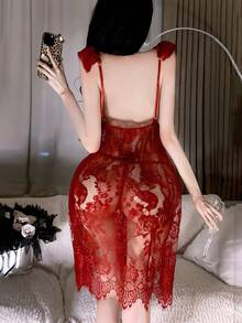 Áo ngủ hai dây ren gợi cảm - Đồ lót G-string xuyên thấu cho ngày Valentine - Màu Đỏ Sâu - Xem 4