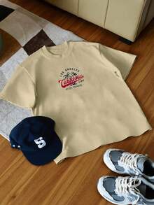 1 Stück Polyester T-Shirt mit Kalifornien-Kokosnussbaum Schriftaufdruck, geeignet für Strand, Lässig dates, Sport, Büro, Zuhause, Streetwear, gleiches Paar-Oberteil, Ganzjährig - Khaki - Übersicht 4