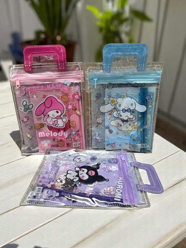 Sanrio 3pcs/Set Sanrio Series Melody & Kuromi Tote Bag, Notebook, Ruler, Pencil Sharpener, Eraser Stationery Set