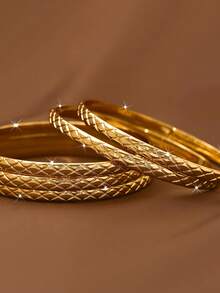 1/3/6 piezas Brazalete con textura de diamante exquisita, chapado en oro de 24K, opciones de diámetro de 60mm/65mm/70mm, adecuado para uso diario de mujeres, sin empaque - Dorado - Ver 4