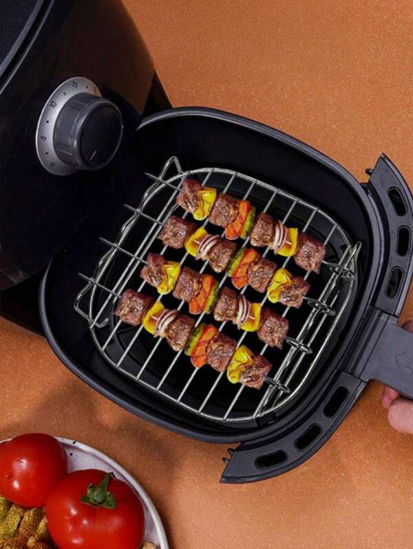 1 Stück Luftfritteusen Rost, Grill, Edelstahl Rost für Luftfritteusen Zubehör, multifunktionaler Doppellagen-Garrost mit Spießen, Toastrost, stapelbarer Doppellagen-Edelstahl Luftfritteusen Rost, erweitert den verfügbaren Platz in der Fritteuse