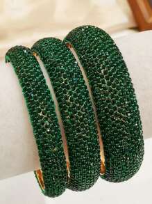 Juego de 3 pulseras brazalete de metal geométricas redondas con incrustaciones de rhinestone de moda y lujo, joyería de alta gama para mujer para fiesta