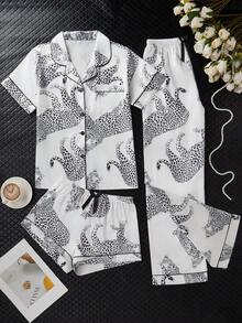 3-Piece Leopard Print Pocket Short Sleeve Top, Shorts, Pants Pajama Set For Women, Spring Summer - Multicolor - View 3