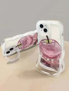 Cute Crystal Apple Wave Edge Lens Bracket Phone Case Compatible With IPhone 16 15 14 Plus 13 12 Pro Max 11 Clear Kickstand Protection Soft TPU Back Cover - Crystal Apple - View 7