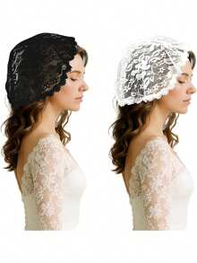 1 件女式头巾蕾丝头巾刺绣教堂面纱，短面纱，刺绣头饰，花卉蕾丝教堂帽，圆形花卉蕾丝头纱斗篷，白色 - 彩色 - 查看 2