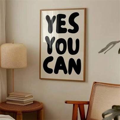 1pc "Yes You Can" Inspirational Quote Wall Art - Modern Typographic Poster, Black Lettering On White Background, Minimalist Style Canvas Print Fashion Paintings For Living Room Bedroom Home Office Dormitory Decor Wall Background Design Picture Optional Frame