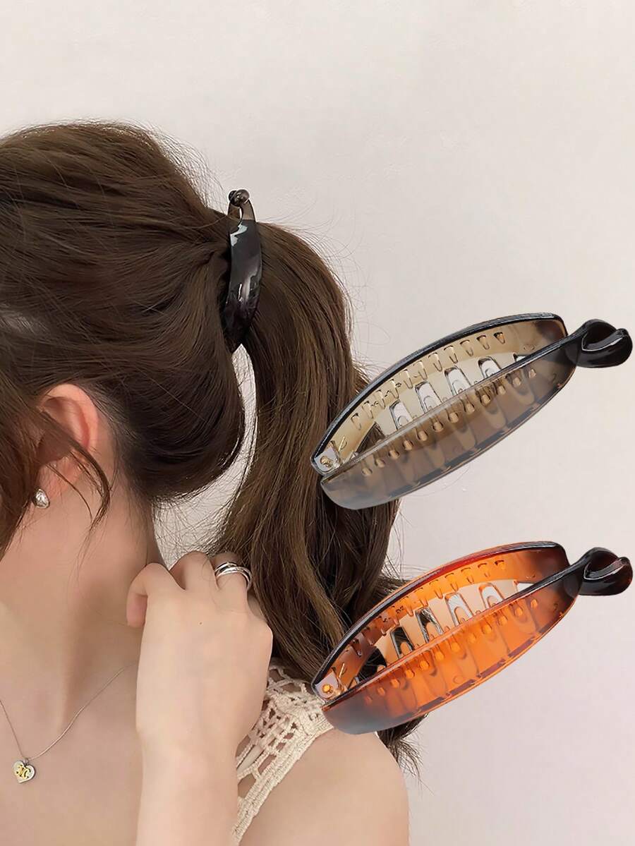 2 件复古优雅豹纹香蕉发夹发夹，垂直发夹，发饰 - 彩色 - 查看 1