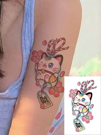 4 peças - Adesivos de tatuagem coloridos de Maneki Neko com flor de cerejeira, adesivos de tatuagem temporária à prova d'água de longa duração para braço, adesivos de tatuagem de arte pintada
