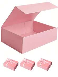 1pc Pink Gift Box With Lid, Magnetic Closure Rectangle Foldable Magnetic Gift Box For Proposal, Wedding, Bachelorette Party, Christmas, Halloween, Birthday Gift Packaging (Includes Ribbon) - Pink - View 1