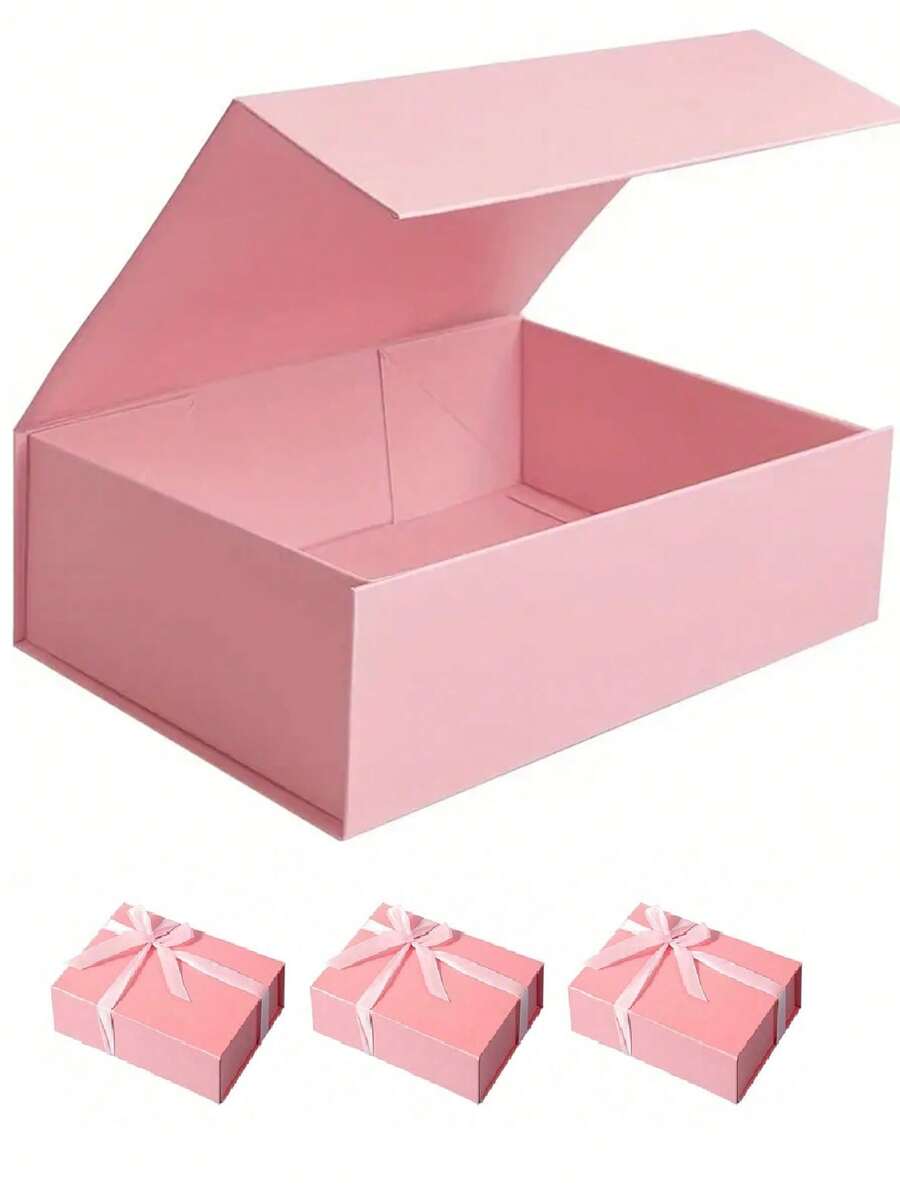 1pc Pink Gift Box With Lid, Magnetic Closure Rectangle Foldable Magnetic Gift Box For Proposal, Wedding, Bachelorette Party, Christmas, Halloween, Birthday Gift Packaging (Includes Ribbon) - Pink - View 1