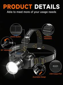HIKEGUYS 可充电头灯，高流明超亮 LED 可充电头灯，可变焦和 5 种模式，防水头灯带头带，适用于户外露营、徒步旅行、露营必需品、工作（黑色），露营配件