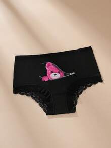 3 Packungen Damen Sexy Spitzen Lippen Muster & Süßer Bär Dekor Bequeme Slips Unterwäsche - Schwarz - Übersicht 4