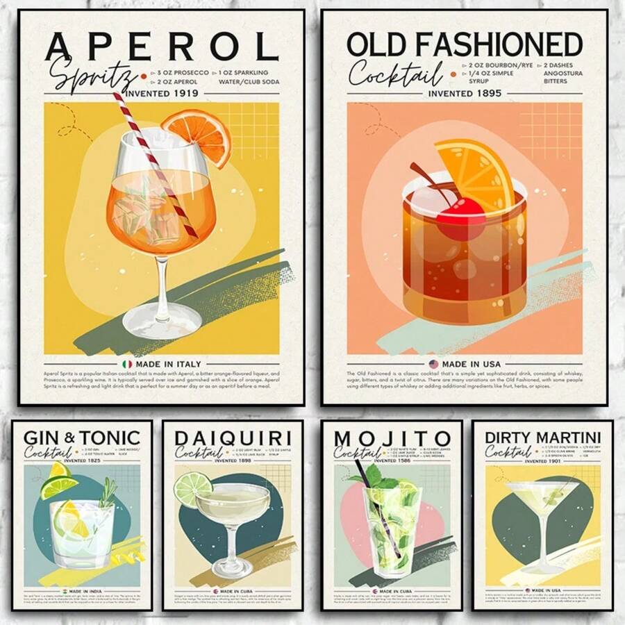 1pc Gift Cosmopolitan Posters Print Cocktail Drink Minimalist Wall Arts Nordic Vintage Alcohol Recipe Canvas Painting Wall Picture Home Decor Optional Frame ,Wall Art With Frame - Multicolor - View 1