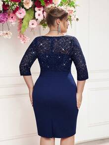 亮片花卉蕾丝撞色荷叶边裹身下摆晚会商务工作紧身连衣裙，优雅半正式婚礼宾客礼服，适合生日、毕业典礼、晚宴、返校节、鸡尾酒会 - 藏蓝色 - 查看 3