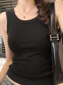 Women's Summer Solid Color Round Neck Casual Black Tank Top