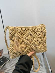 1 pieza Bolso bandolera de paja tejida a mano para verano, diseño hueco de rombos, bolso de hombro versátil, pequeño sobre cuadrado con flecos, de moda, adecuado para la playa, vacaciones - Caqui - Ver 6