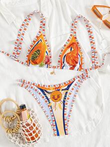 New Fruit & Ocean Print Bikini Two Pieces Set For Women, With Adjustable Straps, Suitable For Summer Beach Vacation, Sexy Beach Party Casual Wear, Women's Swimwear, Beach Outfit, Women's Holiday Outfit, Valentine's Day Outfit, Summer Outfit, Women's Valentine's Day Outfit