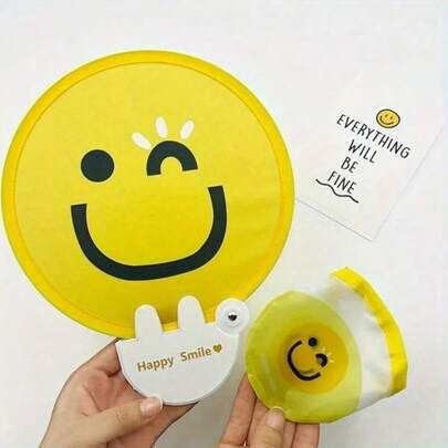 1pc Portable Foldable Summer Fan With Storage Bag - Fashionable Plastic Hand-Held Design For Women, Perfect Gift, Easy To Store And Carry In Pocket, Ideal For Photography, Shading, Cooling, Smiling, Lucky, Yellow Fan Companion
