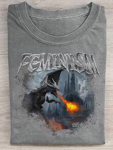 1 Piece, Washed Printed T-Shirt 230g Spitfire Dinosaur, High-Quality Wax Printed Cotton Retro Fashion Brand T-Shirt, Suitable For Summer T-Shirt With A Certain Thickness, Holiday Gift - 深灰色 - 查看 1