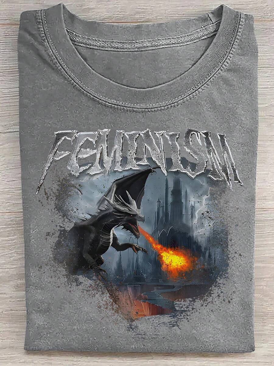 1 Piece, Washed Printed T-Shirt 230g Spitfire Dinosaur, High-Quality Wax Printed Cotton Retro Fashion Brand T-Shirt, Suitable For Summer T-Shirt With A Certain Thickness, Holiday Gift - 深灰色 - 查看 1