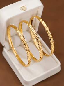 1/3/6 piezas Brazalete con textura de diamante exquisita, chapado en oro de 24K, opciones de diámetro de 60mm/65mm/70mm, adecuado para uso diario de mujeres, sin empaque - Dorado - Ver 2