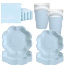 10pcs/20pcs/40pcs/50pcs 蓝色扇形纸盘套装 扇形纸盘9寸7寸贝壳边一次性盘子纸杯纸巾生日派对装饰母亲节礼物结婚生日派对用品日常野餐露营托盘 (浅蓝色)