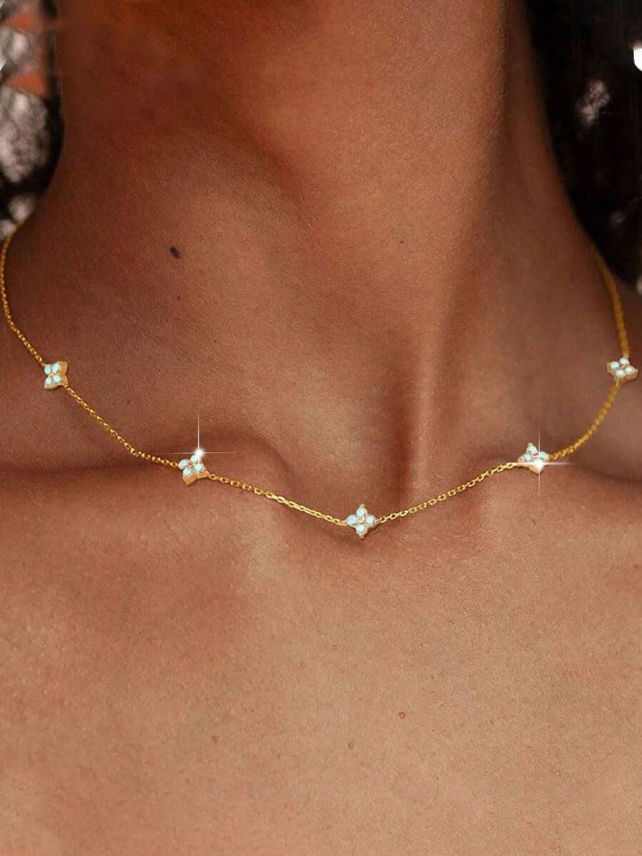 Znice 1 件幸运四叶花方晶锆石简约四叶草吊坠项链，适合日常佩戴，是送给女士、女朋友、妈妈（情人节、母亲节）的绝佳礼物 - 款式1 - 查看 1