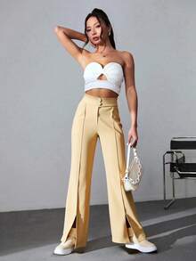 Pantalones de vestir de pierna ancha para mujer, cintura alta, dobladillo dividido, pantalones casuales con bolsillos - Beis - Ver 3