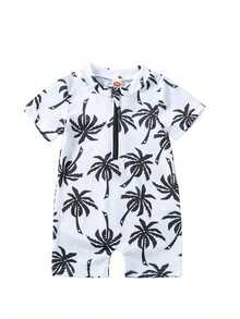 Baby Boys Rash Guard Swimsuit, Cute Shark/Tree Print Short Sleeve Zip Up Swimwear - White - View 1