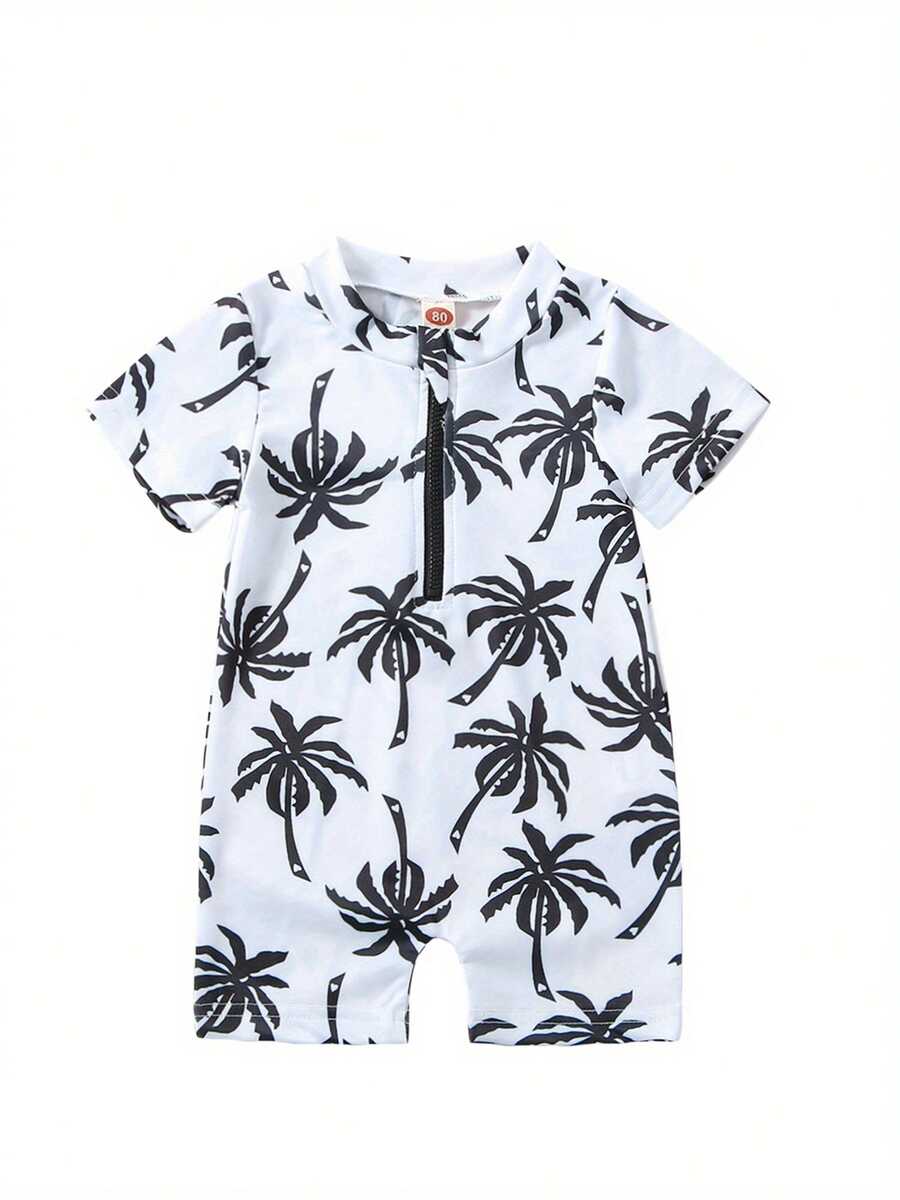 Baby Boys Rash Guard Swimsuit, Cute Shark/Tree Print Short Sleeve Zip Up Swimwear - White - View 1