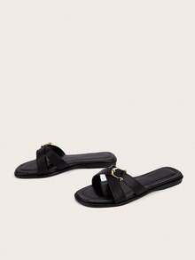 Cómodas sandalias planas de talla grande con puntera cuadrada y estilo romano cruzado, color marrón (el tamaño es grande) - Negro - Ver 3