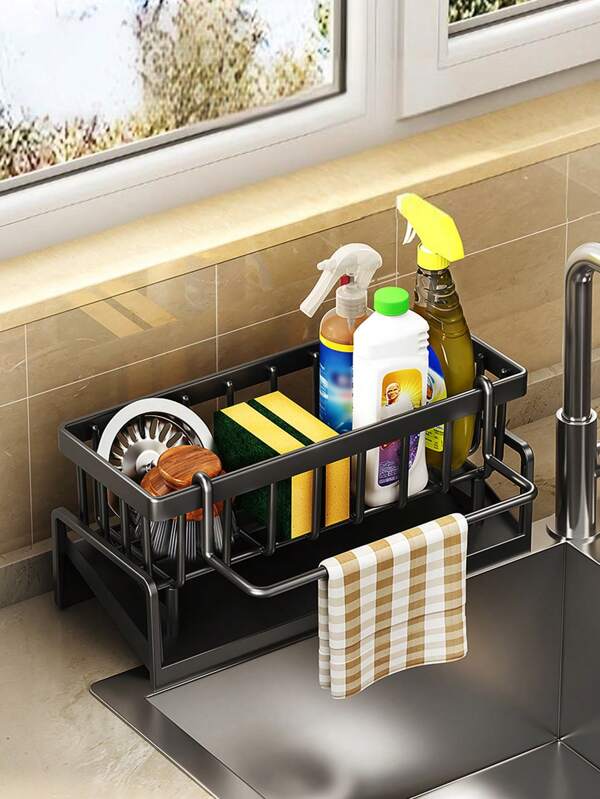 1pc Plastic Kitchen Storage Rack, Dishcloth Storage Hanging Rack, Sponge Cloth Organizer Holder, Stainless Steel Ball Sink Storage Rack, Kitchen Organizer
