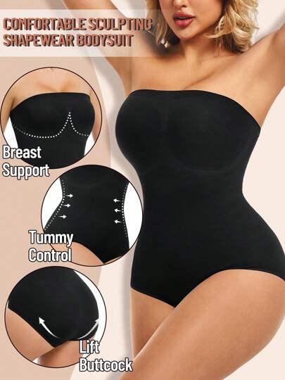 Strapless Shapewear Bodysuit For Women Seamless Triangle Tummy Control Bodysuit Slimming Butt Lifter Body Shaper,Anti-Slip Strapless Waist & Tummy Shaping Tops Petite Solid Bandeau Bodysuit ,Tube Summer Body Suit