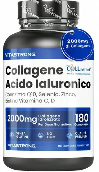 Vitastrong Collagene e Acido Ialuronico 180 Compresse, Collagene Idrolizzato 2000mg Qualità COLLinstant, Collagene Integratore per Pelle, Ossa, Articolazioni